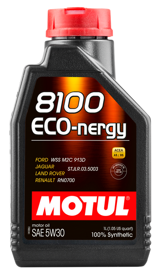 Motul 1L Synthetic Engine Oil 8100 5W30 ECO-NERGY for Ford, motor oil bottle with label and cap, high-quality automotive lubricant
