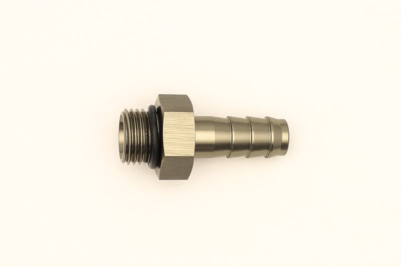 DeatschWerks 6AN ORB male to 3/8-inch male triple barb fitting with O-ring, used for fuel or fluid connections.
