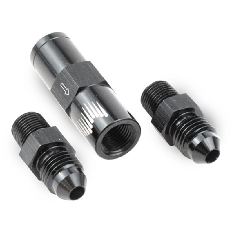 Snow Performance high flow 4AN water check valve fittings for SS braided line kit, showcasing durable metal fittings for automotive use.