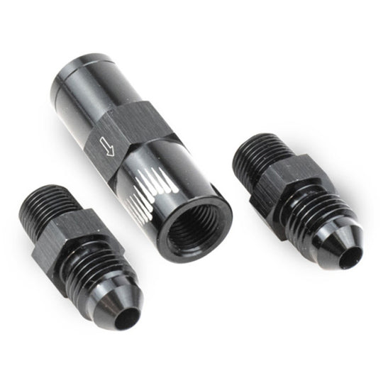 Snow Performance high flow 4AN water check valve fittings for SS braided line kit, showcasing durable metal fittings for automotive use.