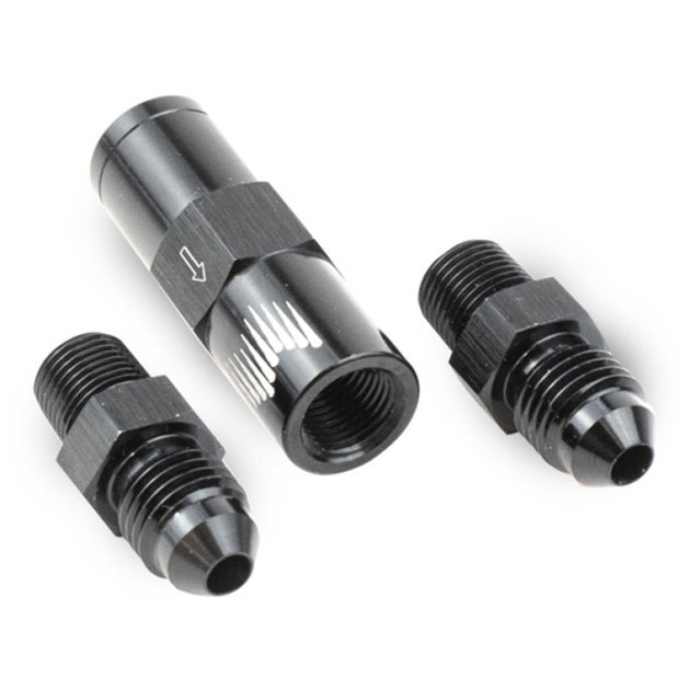 Snow Performance high flow 4AN water check valve fittings for SS braided line kit, showcasing durable metal fittings for automotive use.