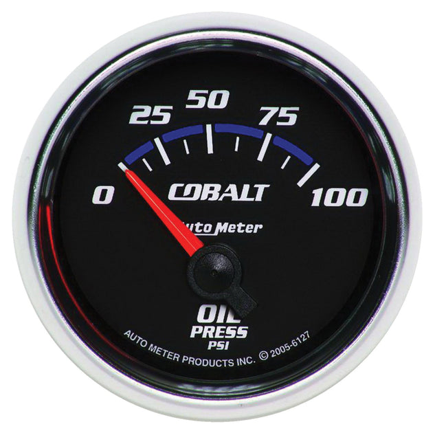 Autometer Cobalt 52mm electric oil pressure gauge with 100 PSI short sweep display, designed for automotive engine monitoring.