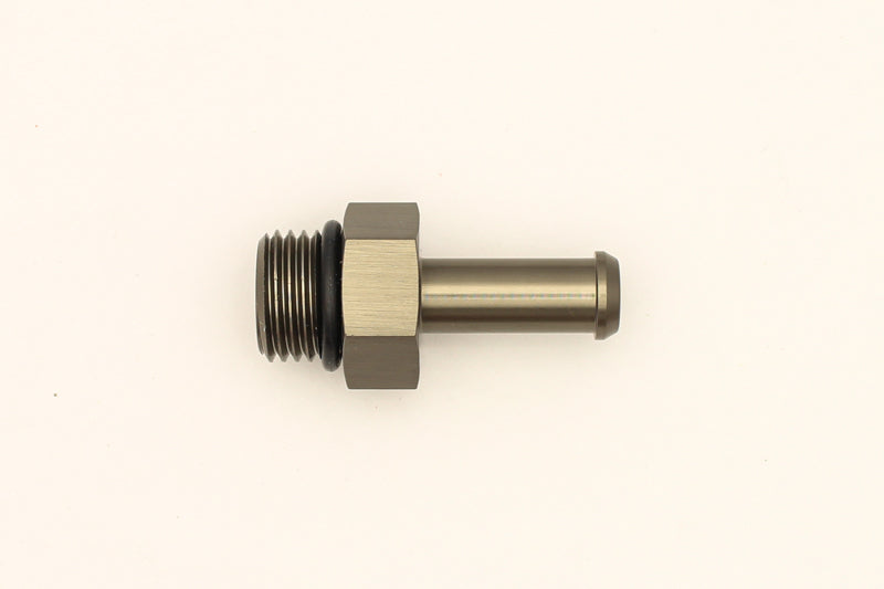 DeatschWerks 6AN ORB male to 5/16 inch barb fitting with O-ring, suitable for fuel or fluid transfer applications.