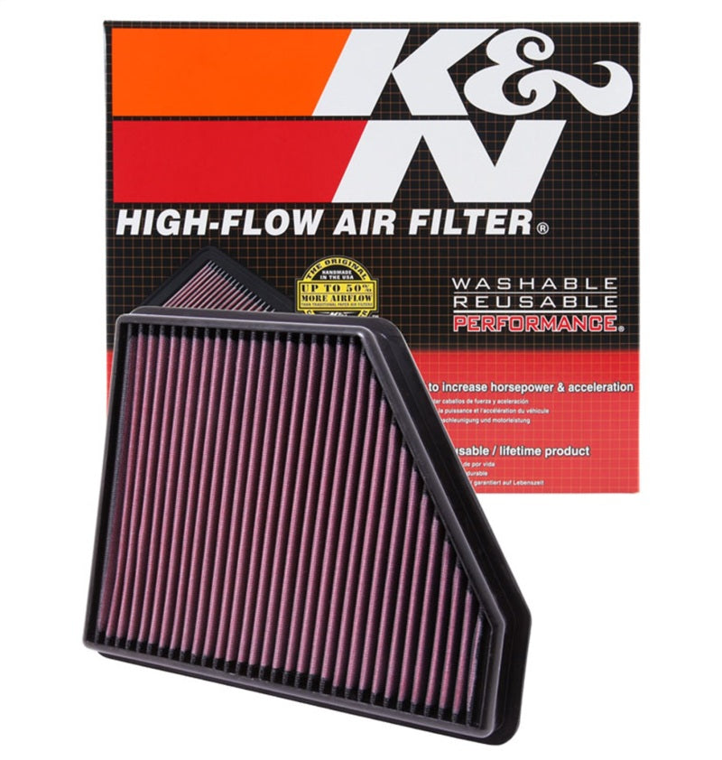 K&N Engineering drop-in air filter for 2010 Chevy Camaro 3.6L and 6.2L engines, designed for improved airflow and filtration.