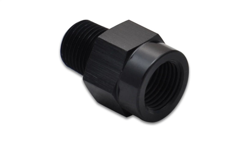 Vibrant aluminum 1/8 inch male BSP to 1/8 inch female NPT connector fitting, showcasing metallic finish and threading details.
