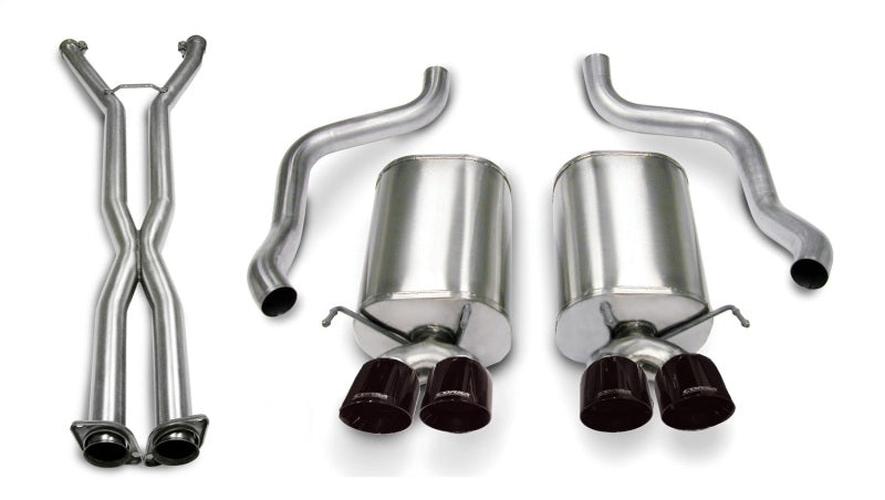 CORSA Performance axle-back sport exhaust system showcasing polished stainless steel mufflers and piping for a sleek, high-performance look.