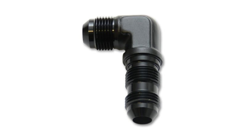 Vibrant black anodized 3AN bulkhead elbow fitting, 90-degree hose connector for hydraulic or fluid systems.