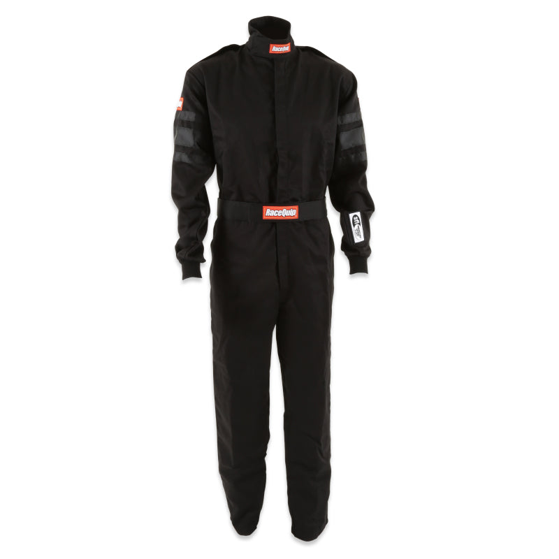 RaceQuip Black SFI-1 1-L racing suit in medium size, made of durable fabric with racing-specific design and safety features.