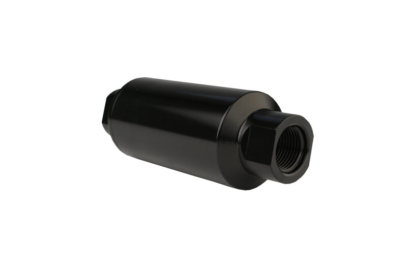 Aeromotive AN-10 black inline fuel filter with 100 micron filtration showing the filter element and mounting fittings.