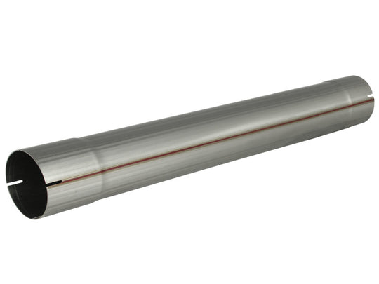 aFe MACHForce XP SS-409 exhaust muffler delete pipe for catback system, showing the steel pipe with polished finish and mounting points