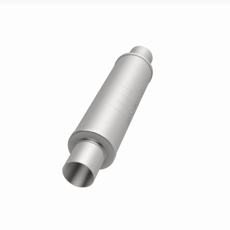 MagnaFlow Mag SS muffler with 14x4x4 inch body and 2.5x2.5 inch inlet and outlet pipes, shown in a close-up view.