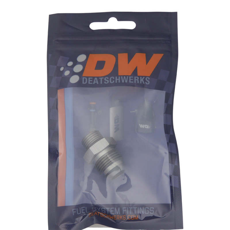 DeatschWerks 6AN ORB male to 8AN male flare adapter fitting with O-ring, shown in close-up view.