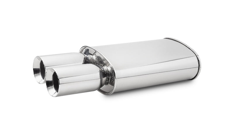 Vibrant StreetPower oval muffler with dual 3.5-inch round tips, straight cut beveled edge, 2.5-inch inlet I.D. automotive exhaust.