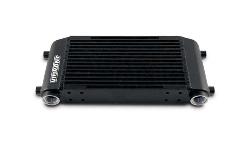 Vibrant single pass oil cooler assembly with 6x10x2 inch dimensions, featuring vibrant metal fins and fittings for effective cooling.