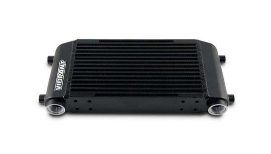 Vibrant single pass oil cooler assembly with 6x10x2 inch dimensions, featuring vibrant metal fins and fittings for effective cooling.