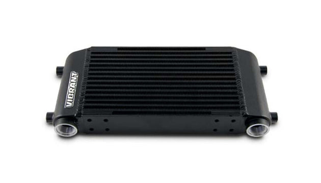 Vibrant single pass oil cooler assembly with 6x10x2 inch dimensions, featuring vibrant metal fins and fittings for effective cooling.