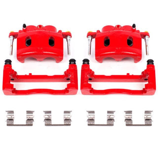 Pair of PowerStop red front brake calipers with brackets for Cadillac Escalade 2008-2016, high-performance brake calipers.