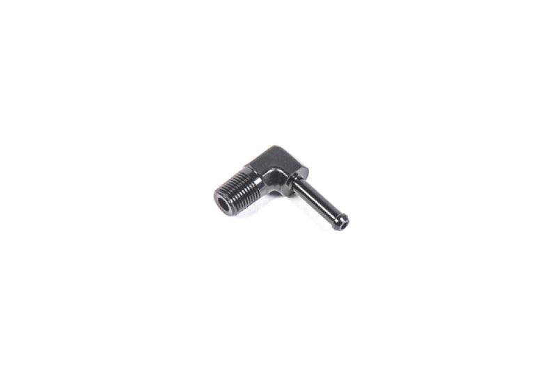 Radium Engineering 1/8in NPT male to 3/16in barb 90-degree fitting showing metal fitting with threaded and barbed ends