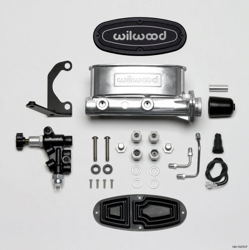 Wilwood HV tandem master cylinder with 1 1/8 inch bore, ball burnished finish, includes left-hand bracket and proportioning valve.