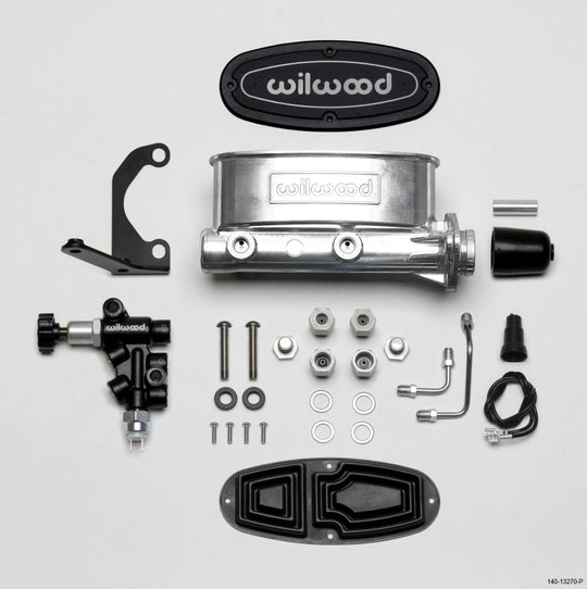 Wilwood HV tandem master cylinder with 1 1/8 inch bore, ball burnished finish, includes left-hand bracket and proportioning valve.