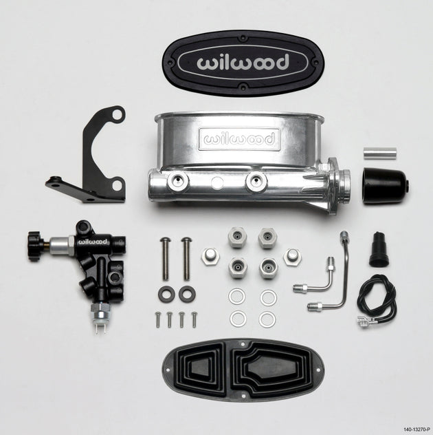 Wilwood HV tandem master cylinder with 1 1/8 inch bore, ball burnished finish, includes left-hand bracket and proportioning valve.