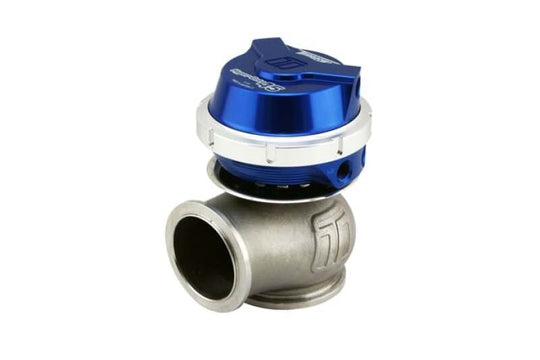 Turbosmart WG45 Gen V Hyper-Gate 45 blue wastegate with 14psi boost, featuring a compact design and vibrant blue finish.
