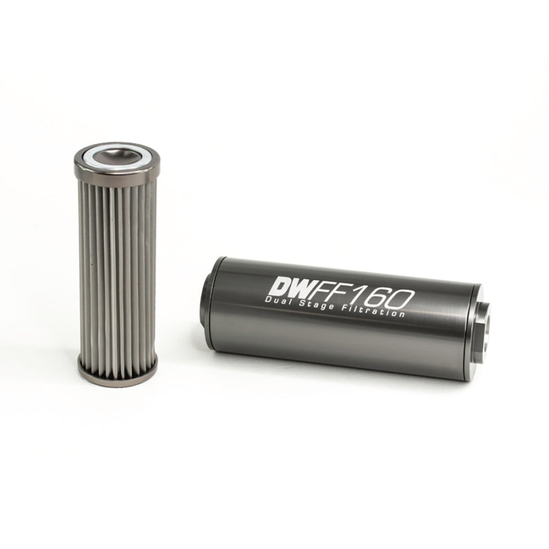 DeatschWerks stainless steel 10AN inline fuel filter housing kit with 10 micron filter, 160mm length, for automotive fuel systems.