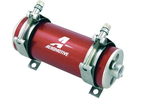Aeromotive 700 HP EFI fuel pump in red, high-performance automotive fuel pump with robust build and detailed components.