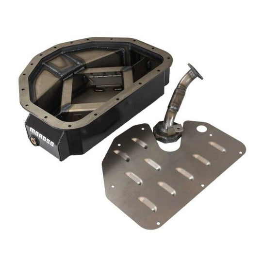 Moroso Toyota 1JZ/2JZ front sump road race baffled oil pan, 4-inch deep oil pan for high-performance engine applications.