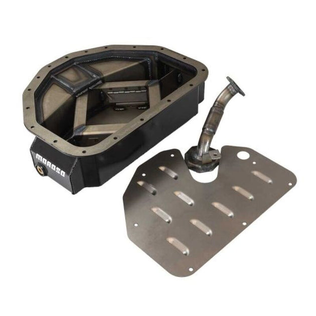 Moroso Toyota 1JZ/2JZ front sump road race baffled oil pan, 4-inch deep oil pan for high-performance engine applications.