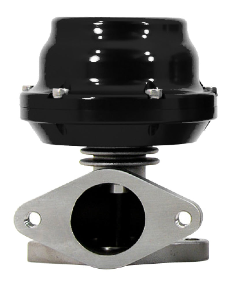 TiALSport F38 38mm black wastegate with .5 bar (7.25 PSI) boost pressure setting, showing the compact, durable metal construction.