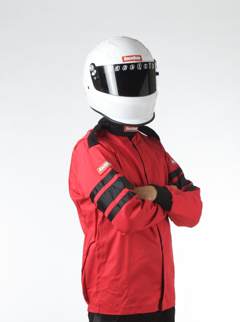 RaceQuip Red SFI-1 1-L racing jacket in 2XL, lightweight flame-resistant racing jacket with front zipper and adjustable cuffs.