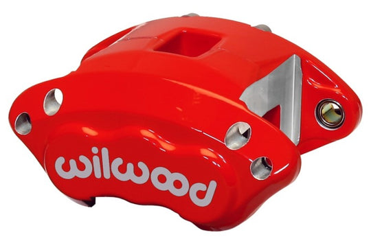 Wilwood D52-Red brake caliper with 1.62-inch pistons for 0.81-inch disc brakes, showing red-painted metal and piston details.