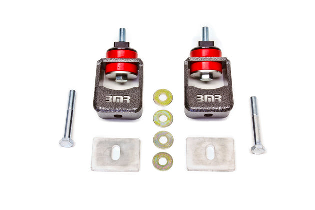 Black Hammertone BMR 10-15 5th Gen Camaro engine mount kit with polyurethane mounts, shown with spacers not included.
