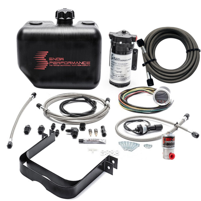 Snow Performance 2.5 Boost Cooler water methanol injection kit with SS braided line and 4AN fittings, including pump and hoses.