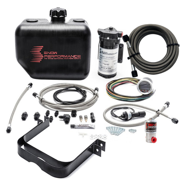 Snow Performance 2.5 Boost Cooler water methanol injection kit with SS braided line and 4AN fittings, including pump and hoses.