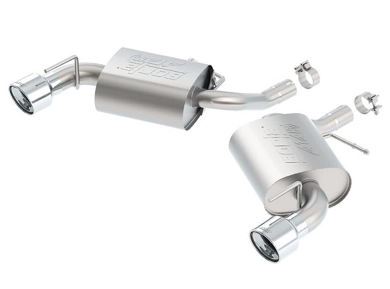 Borla axle back exhaust system for 2016 Chevy Camaro 2.0L Turbo, rear section with polished tips and dual exhaust pipes.