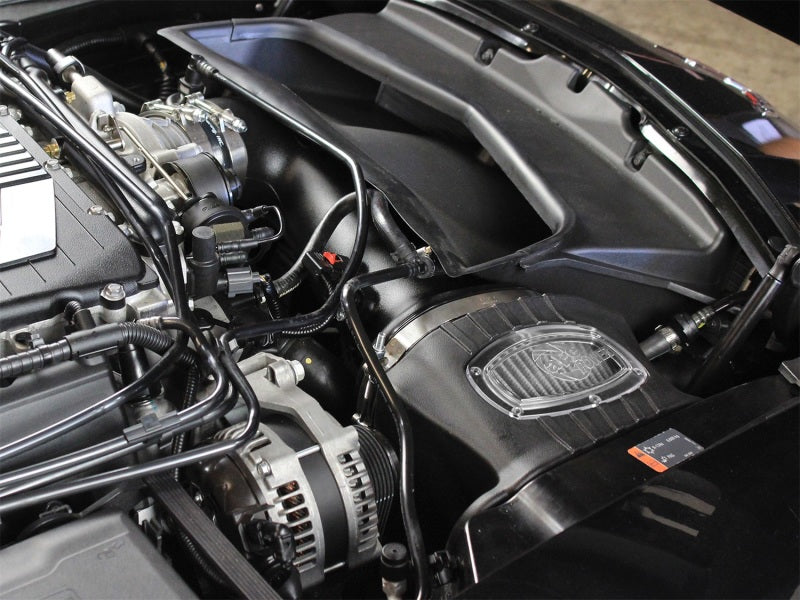 aFe Momentum Pro DRY S cold air intake system installed in a 2015-2017 Chevy Corvette Z06 V8 6.2L engine, showing the intake components.