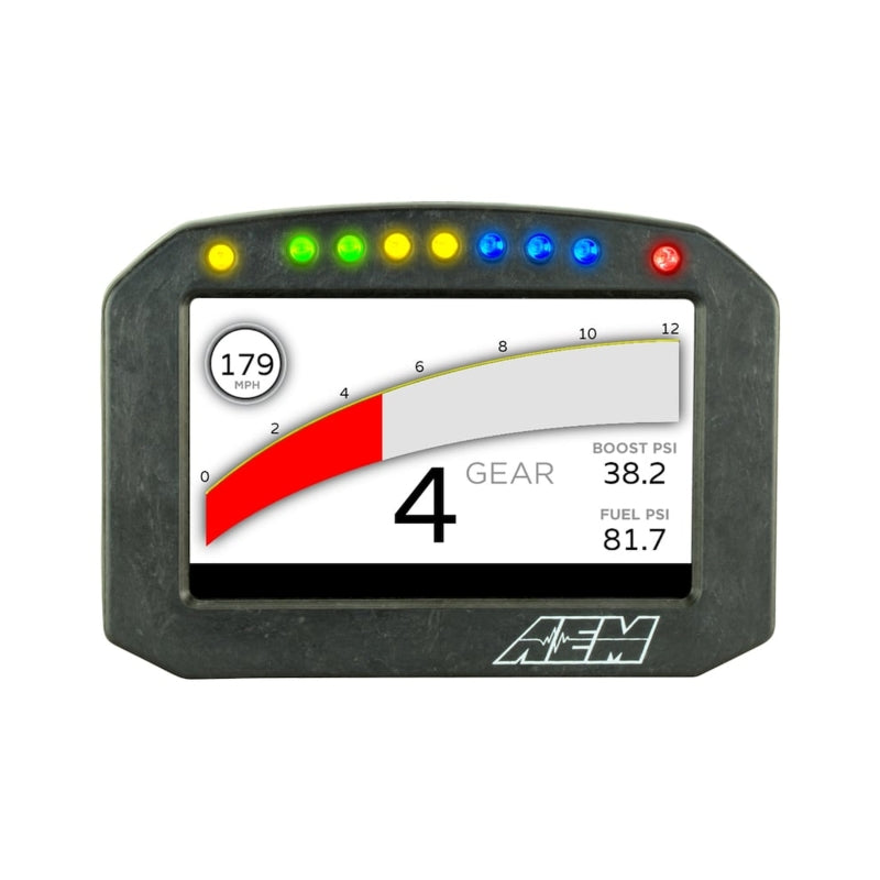 AEM CD-5L Carbon Logging Flush Digital Dash Display gauge showing digital readout and carbon fiber finish for vehicle monitoring.