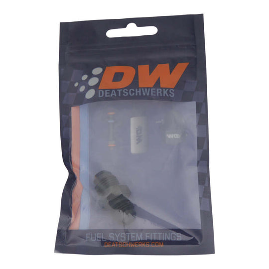 DeatschWerks 6AN Male Flare to 6AN Male Flare Coupler fitting in anodized matte black for fuel or oil lines.
