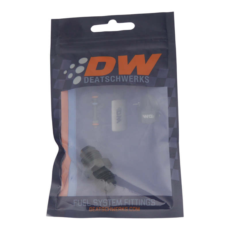 DeatschWerks 6AN Male Flare to 6AN Male Flare Coupler fitting in anodized matte black for fuel or oil lines.