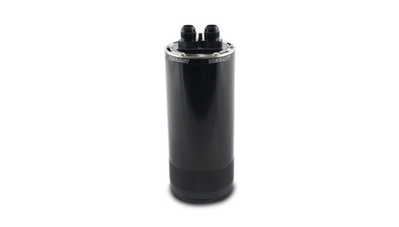 Vibrant large 2.0L 2-port oil catch can assembly, black metal with mounting brackets and inlet/outlet ports for automotive use.