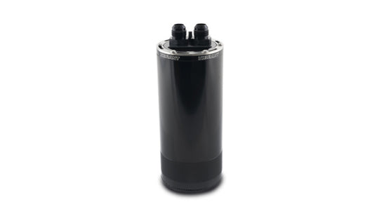 Vibrant large 2.0L 2-port oil catch can assembly, black metal with mounting brackets and inlet/outlet ports for automotive use.