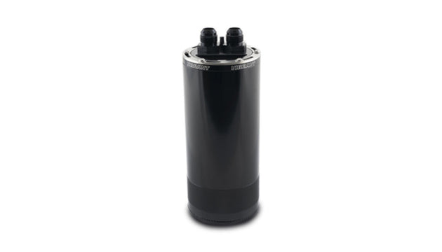 Vibrant large 2.0L 2-port oil catch can assembly, black metal with mounting brackets and inlet/outlet ports for automotive use.