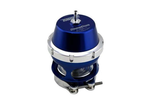 Blue Turbosmart BOV Power Port blow off valve with sleek design and adjustable boost control for turbocharged vehicles.