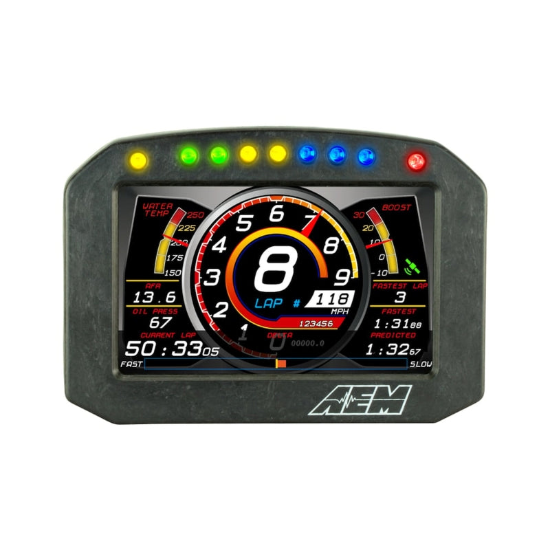 AEM CD-5L Carbon Logging Flush Digital Dash Display gauge showing a sleek black carbon finish and digital readout for vehicle monitoring.