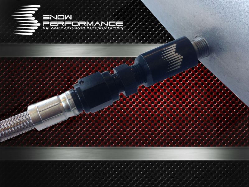 Snow Performance Stage 2 Boost Cooler water methanol injection kit with SS braid line and 4AN fittings for engine cooling.