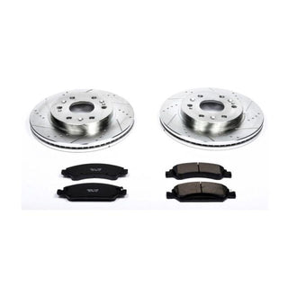 PowerStop Z23 Evolution Sport front brake kit installed on a Cadillac Escalade, featuring performance brake rotors and pads.