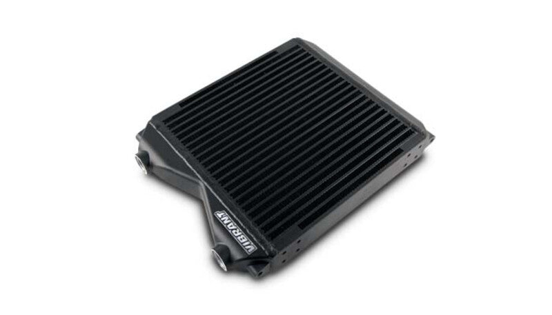 Vibrant double pass 12x12x2-inch oil cooler assembly with vibrant cooling fins and fittings for automotive use.