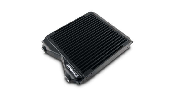 Vibrant double pass 12x12x2-inch oil cooler assembly with vibrant cooling fins and fittings for automotive use.